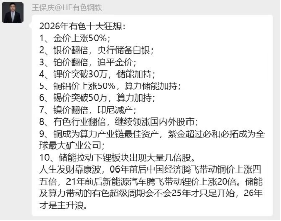 华福证券首席分析师王保庆“2026有色十大狂想”：金价上涨50%，银价翻倍并纳入央行储备，铂价翻倍追平黄金