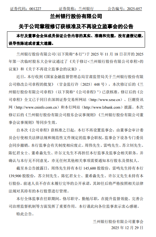 兰州银行：公司章程修订获核准	，不再设立监事会