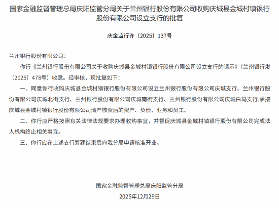 兰州银行获批收购庆城县金城村镇银行并设立分支机构