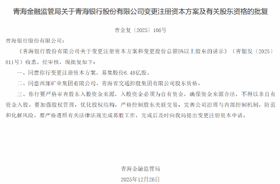 青海银行获批增加注册资本至32.05亿元